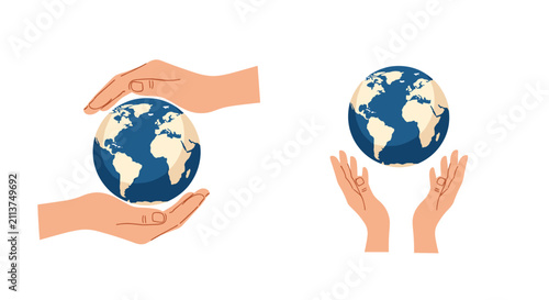 Human hands holding and protecting the planet Earth representing environmental care, ecology, and global safety.