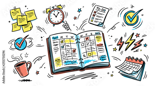 Planning and productivity vector icons with checklist, alarm clock and calendar for web app design in colorful doodle style