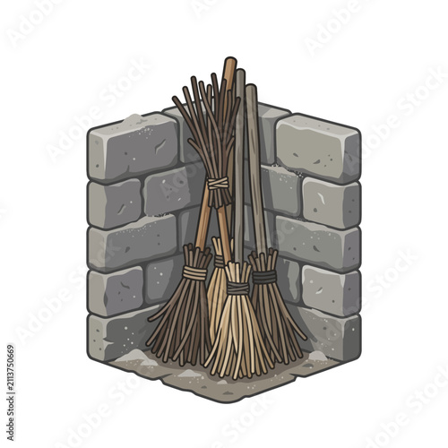 Bild auf Leinwand Three straw besom brooms in stone corner.