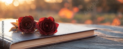 A closed book lies on a wooden table with two deep red roses on top, bathed in warm, soft sunset light creating a peaceful and romantic ambiance.