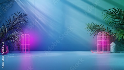Vibrant Scene With Colorful Lights and Plants in a Modern Setting