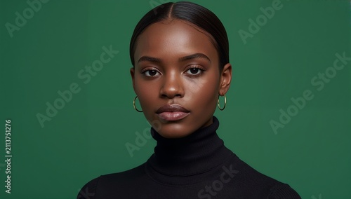 Portrait of a Person With Hair Styled Back Against a Green Background