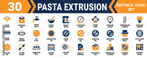 Foto Set of thirty flat vector icons representing the industrial process of pasta extrusion and manufacturing Minimal solid fill icon set bundle collection