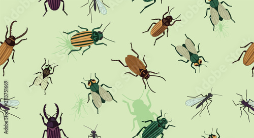 Seamless background pattern featuring various hand drawn colorful insects, beetles, flies, and bugs on a light green surface.