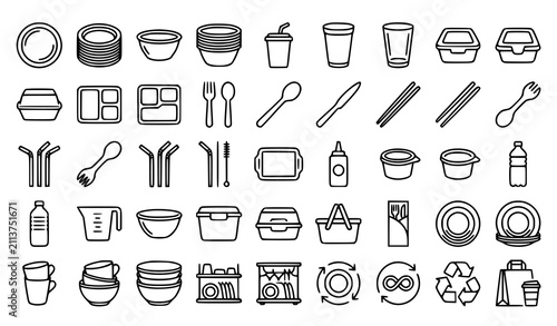 Cuadro en lienzo Takeaway Food Container and Reusable Tableware Icon Set Featuring Catering Plate