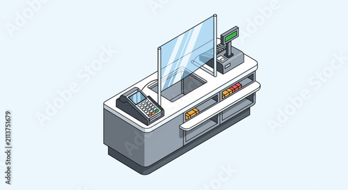 Isometric vector illustration of a modern retail checkout counter complete with a cash register and transparent screen.
