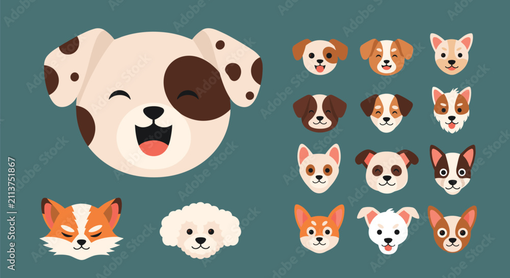 Fototapeta premium Cute collection of diverse cartoon dog faces of different breeds, including a corgi, poodle, husky, and dalmatian.
