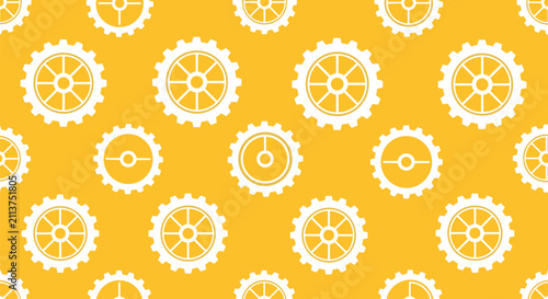 Seamless background pattern of white industrial gear wheels and cogs of various sizes over a bright yellow background.