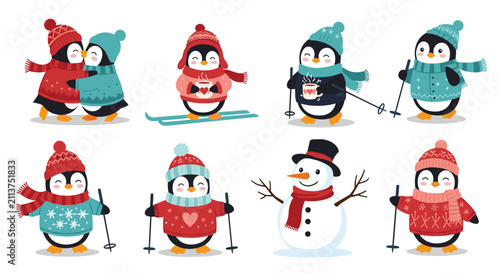 Adorable cartoon penguins in warm winter clothes skiing, drinking hot chocolate, and posing with a cute snowman.