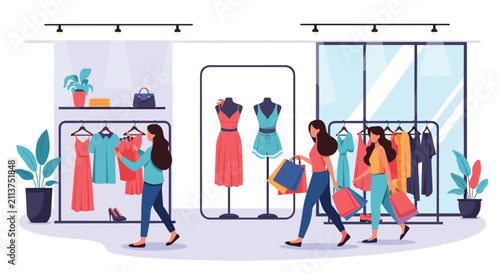 Fashion boutique interior showing women shopping for stylish dresses, choosing clothes, and carrying shopping bags.