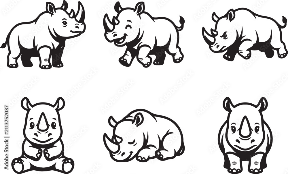 Obraz premium A set of rhinos. Hand drawn vector illustration