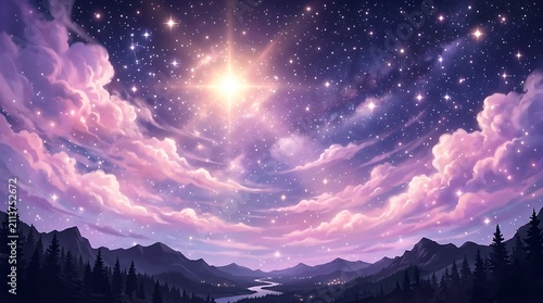 Dreamy Purple Starry Sky with Glowing Celestial Light, Pink Clouds and Mountain Landscape.