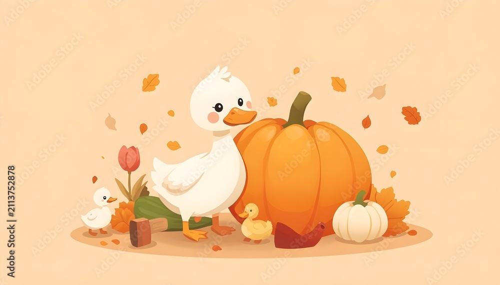 Fototapeta premium Cute duck and ducklings with autumn pumpkins and falling leaves, flat vector cartoon illustration.