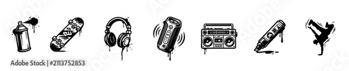 Urban street art elements including spray can, skateboard, headphones, portable speaker, boombox, marker, and breakdancer silhouette representing youth culture and music.
