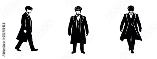 Vintage detective or gangster man in trench coat and flat cap icons