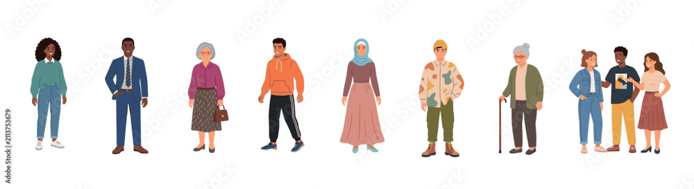 Fototapeta premium Diverse group of people standing together, showcasing a vibrant global community with various ages, genders, and ethnicities, depicted in a modern flat illustration style.