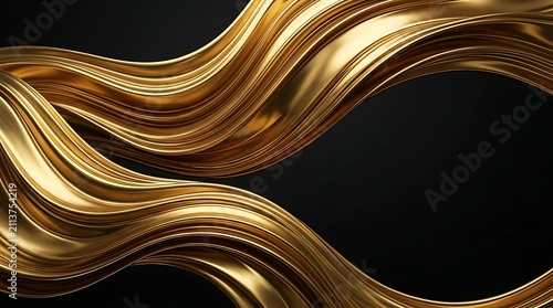 Luxury Abstract Golden Flowing Waves on Black Background with Elegant Metallic Curves and Dynamic Layered Texture.