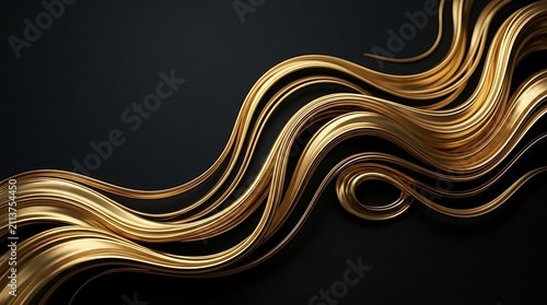 Luxury Abstract Golden Flowing Waves on Black Background with Elegant Metallic Curves and Dynamic Layered Texture.