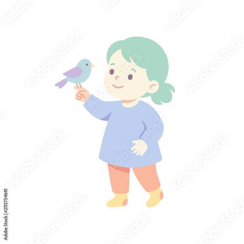Foto Girl stands gently while a small blue bird rests calmly on her index finger in this soft illustration