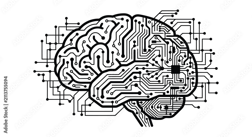 Fototapeta premium Brain with circuit board pattern a black and white vector illustration on a white background