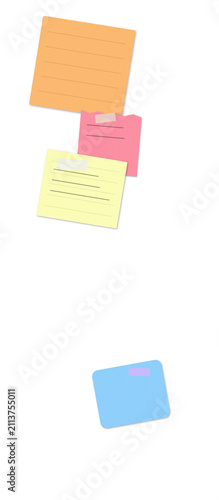 Colorful sticky notes with icons floating on white background