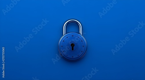 A high-tech blue circular padlock with a combination dial is centered on a vibrant blue background, representing robust digital security, data encryption, online safety, and modern cyber protection.