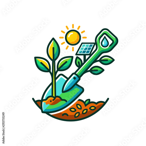 Bild auf Leinwand Garden shovel digs into fertile soil beneath a bright sun to represent sustainable planting and environmental growth