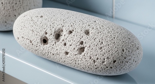 White natural pumice stone on a light blue shelf