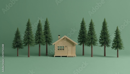 Wooden House Among Tall Pine Trees on Green Background