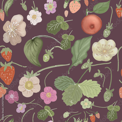 Trendy seamless pattern with hand drawn oil pastel strawberry. Textured crayon summer fruit background for textile and wallpaper design.