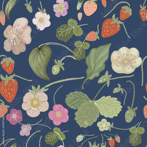 Trendy seamless pattern with hand drawn oil pastel strawberry. Textured crayon summer fruit background for textile and wallpaper design.