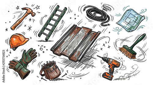 Construction and tools icon set with hammer, ladder and electric drill for building project design in colorful doodle style