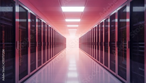 Servers Lined in a Data Center With Bright Lights Shining at the End of the Corridor