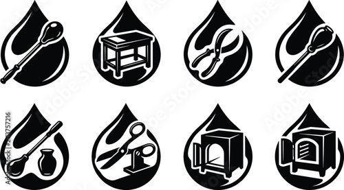 Принти на полотні Black and white vector set of glassblowing and hot glass crafting tool icons