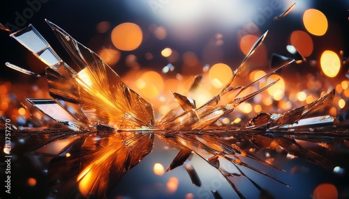 abstract shattered glass with fiery orange glow and bokeh lights