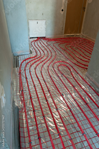Underfloor surface heating pipes. Low temperature heating concept