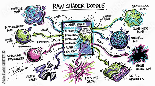 Shader and graphics concept icons with noise, flow and glossiness blob for infographic design in colorful doodle style