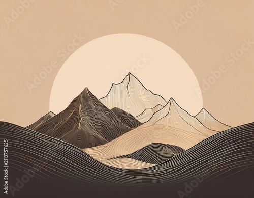 minimalist mountain range line art on cream background