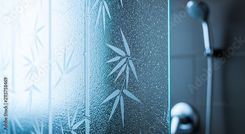 Close up of a frosted glass shower screen with bamboo leaf prints and chrome shower fixture.