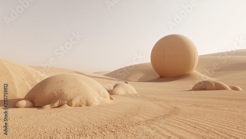 Desert Landscape With Sand Formations and a Large Round Object in the Background