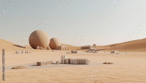 Desert Landscape With Sand Formations and a Large Round Object in the Background