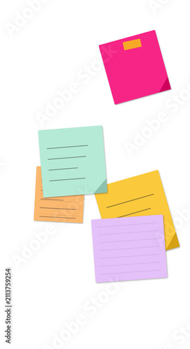 Colorful sticky notes with text and doodles arranged flat