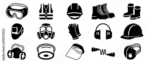 Industrial safety and personal protective equipment ppe icon set with black silhouette flat style vector