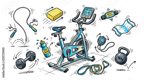 fitness and exercise design icons with stationary bike, dumbbell and stopwatch for mobile app design in colorful hand style
