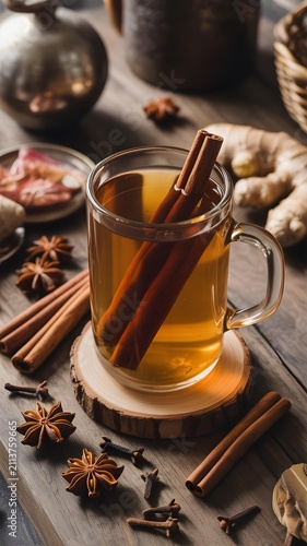 Warm Spiced Apple Cider Drink with Cinnamon Sticks and Ginger Roots on Wooden Table