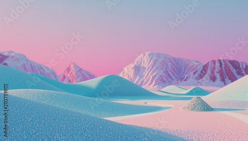Surreal Landscape With Hills and Mountains at Sunrise in Pastel Colors