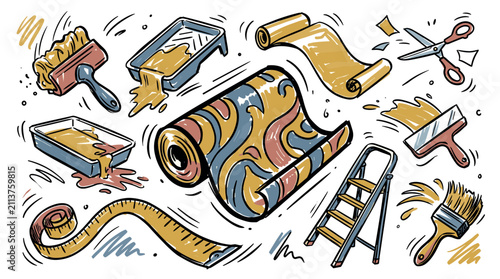 Wallpaper and decorating design icons with paint roller, wallpaper roll and brush for home renovation design in hand drawn style