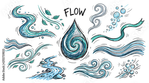 flow and water design icons with water droplet, waves and bubbles for environmental infographic in hand drawn vector illustration