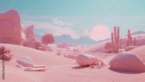 Surreal Landscape With Hills and Mountains at Sunrise in Pastel Colors