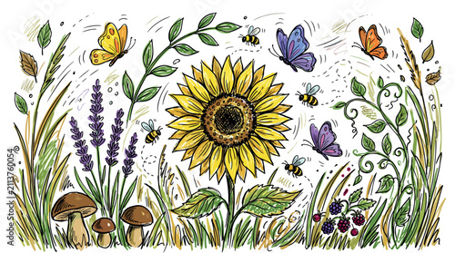 Nature and pollination vector icons with sunflower, butterflies and mushrooms for print branding in hand drawn style